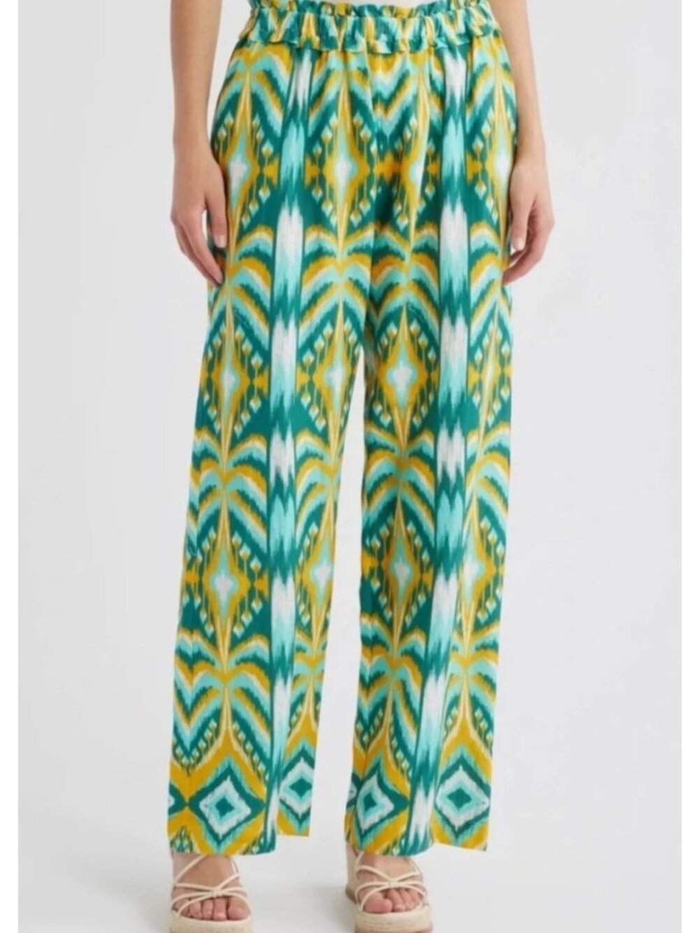 NEW Farm Rio $324 Wide-Leg Linen-Blend Tropical Tapestry Ikat Pull-On Trousers